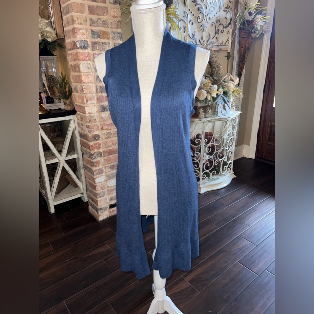 Verve Ami Navy Blue Open Front Crochet Knit Sleeveless Cardigan Sweater L Rayon